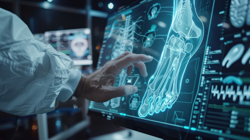 A doctor's hand scanning over an xray of a foot