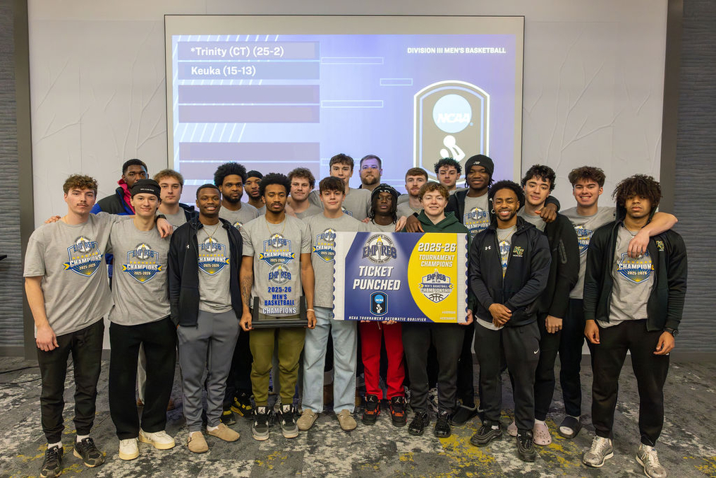 The team was joined by scores of fans in the Hawkins Lounge on Monday for a viewing party to learn who they will face in the first round of the NCAA Tournament. It's off to Connecticut to take on defending champs Trinity College.